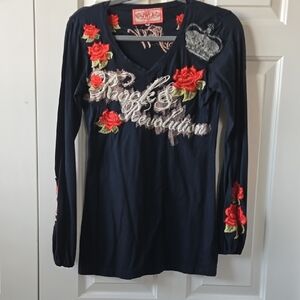 Johnny Was LA Black Long Sleeve Top with Red Rose Embroidery